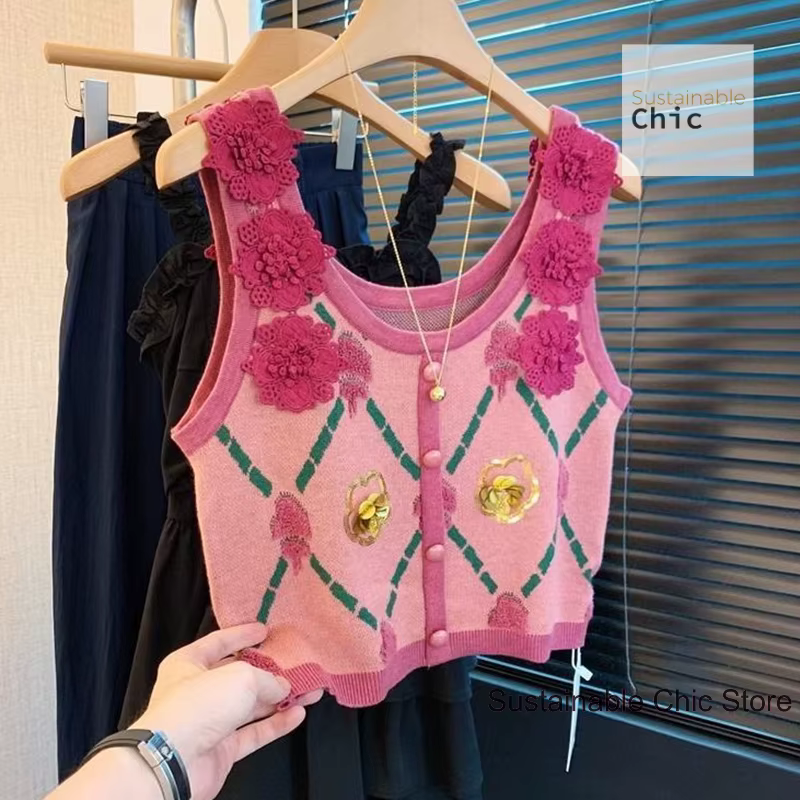 Gilet tricoté à fleurs tridimensionnelles rose française pour femmes