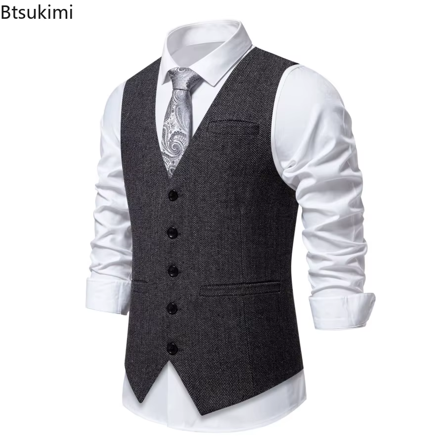 Gilet de costume pour hommes, couleur unie, costume à chevrons, vêtements de travail décontractés, rétro marron, gilet à simple boutonnage pour hommes
