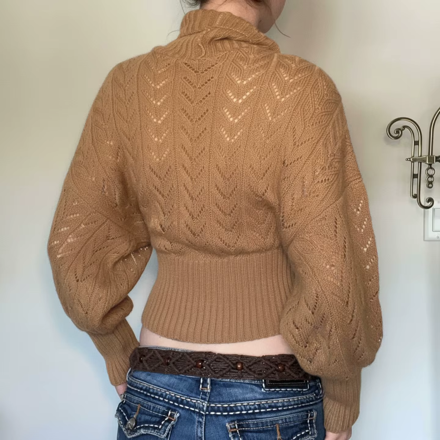 Col roulé marron tricoté pull Vintage femmes manches longues chauve-souris évider bouton tirer taille