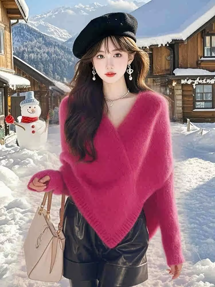 Femmes asymétrique Cape Poncho pull Mohair élégant Style Noble automne hiver hauts