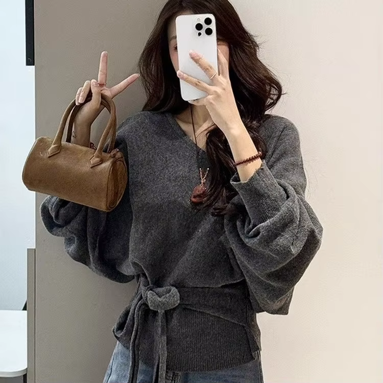 Pull en tricot pour femmes, vêtement col en V, manches chauve-souris, coupe ample, style bureau dame, automne hiver, acrylique élasthanne polyester, à lacets, léger et confortable, pour femmes de 18-24 ans, occassions spéciales et quotidienne