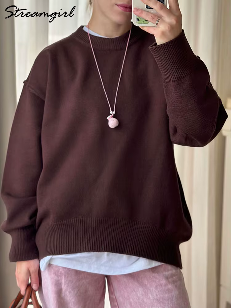 Chandails surdimensionnés marron pour femmes hiver épais jaune pull femme automne chaud ample col rond dames