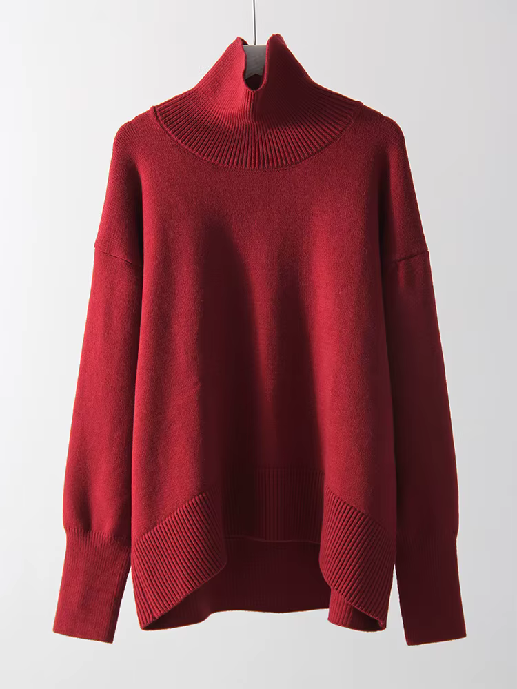 Hiver bordeaux pull femmes col roulé chaud pulls hauts en tricot marron
