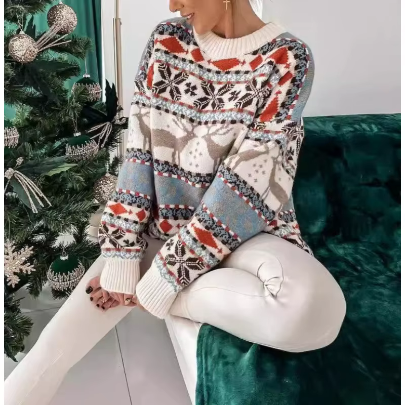 2025 pull tricoté col rond ample thème de noël Jacquard à manches longues