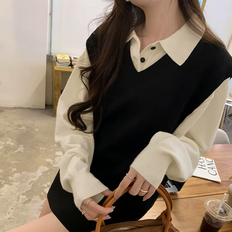 Automne et hiver nouveau élégant couleur unie col Polo tricoté pull collège Style ample décontracté