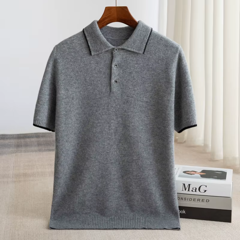 Nouveau pull en laine mérinos 100% pour homme, à col revers et manches courtes, tricoté, décontracté et professionnel, pour l'été