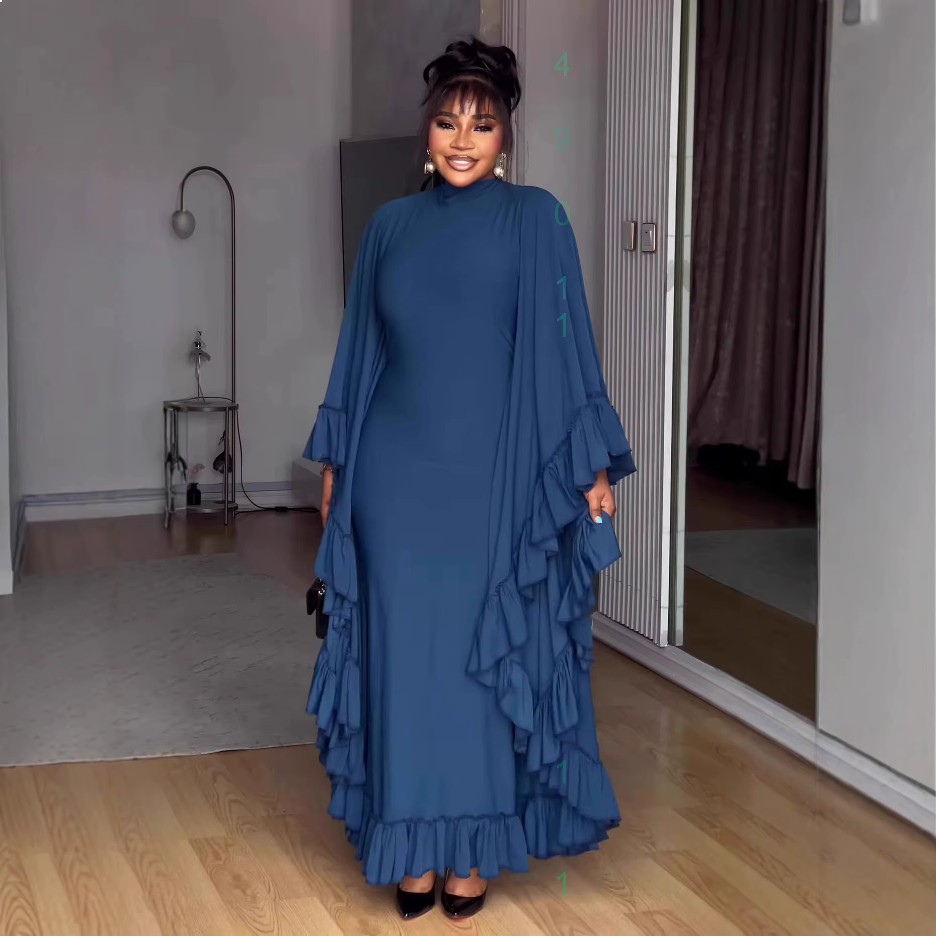 Robe longue élégante à col montant, couleur unie, taille à volants, robes trapèze pour femmes, robes maxi fluides printemps-été