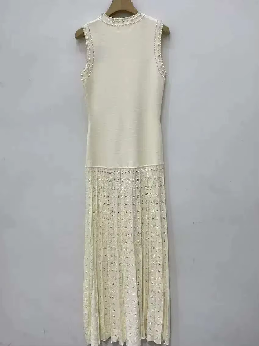 Perles décorées femmes col rond sans manches épissage tricoté robe pull élégant ou court