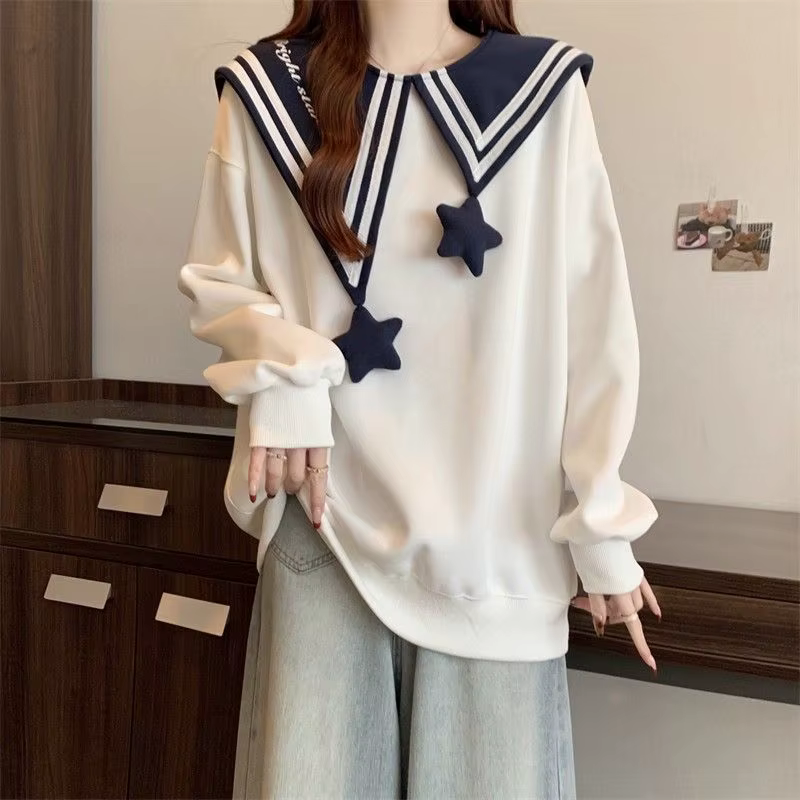 Sweat-shirt Y2K pour femme, col marin, coupe oversize, épaules tombantes, blanc, manches longues, avec breloques étoiles 3D mignonnes, style preppy, haut d'automne