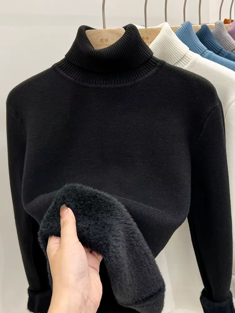 2024 col roulé hiver pull femmes élégant épaissir velours doublé chaud Sueter tricoté