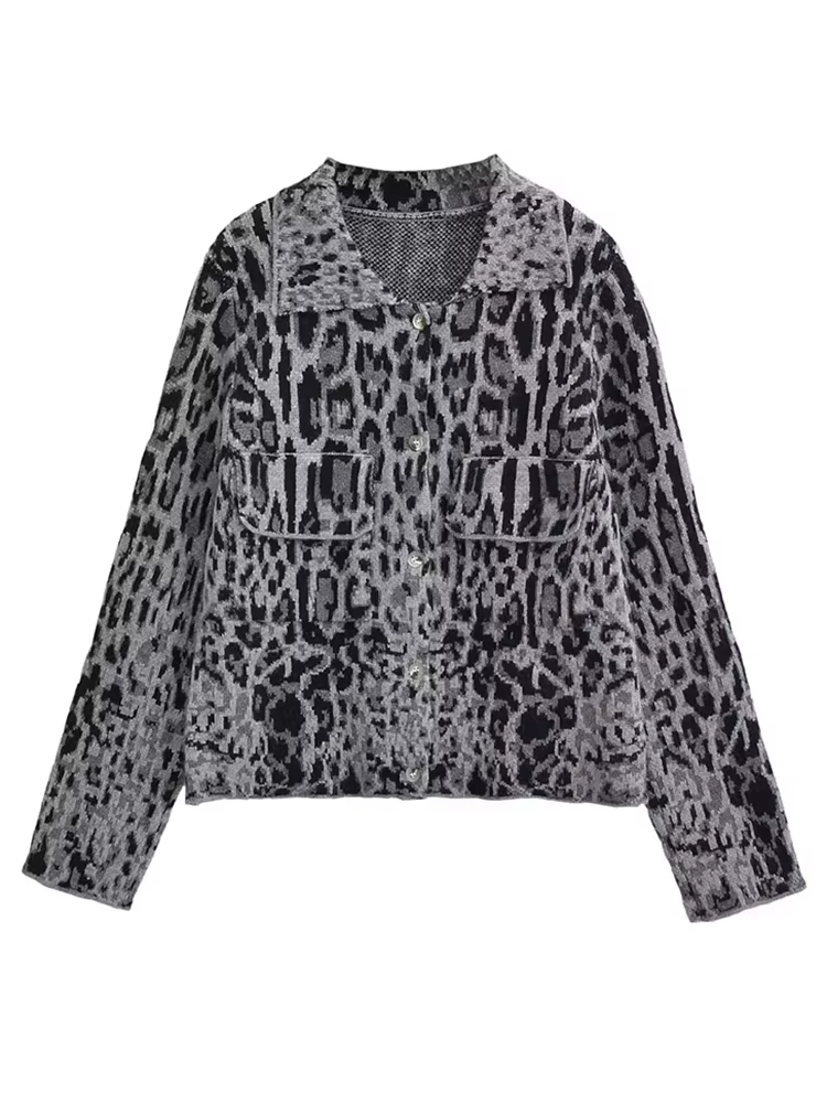 Cardigan en tricot pelucheux imprimé léopard pour femme