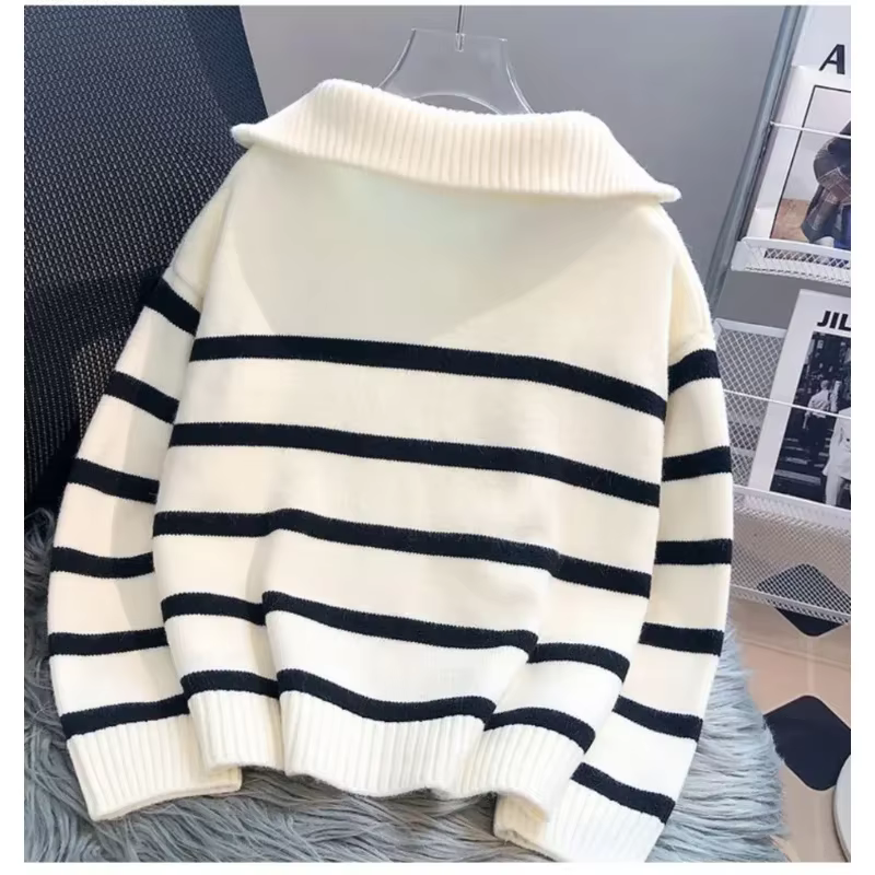 Pull à Rayures Femmes Polyester Coton Décontracté Col Rabattu Fermeture Éclair Occasions Spéciales Automne Hiver
