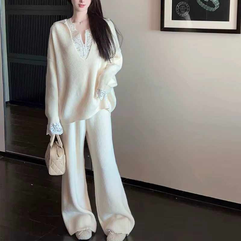 Ensemble de mode pull blanc à col en v pour femmes