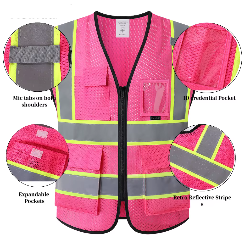 Gilet de travail noir et rose personnalisable avec votre logo – Veste de travail, vêtements de travail avec logo d'entreprise, gilet de chantier extérieur