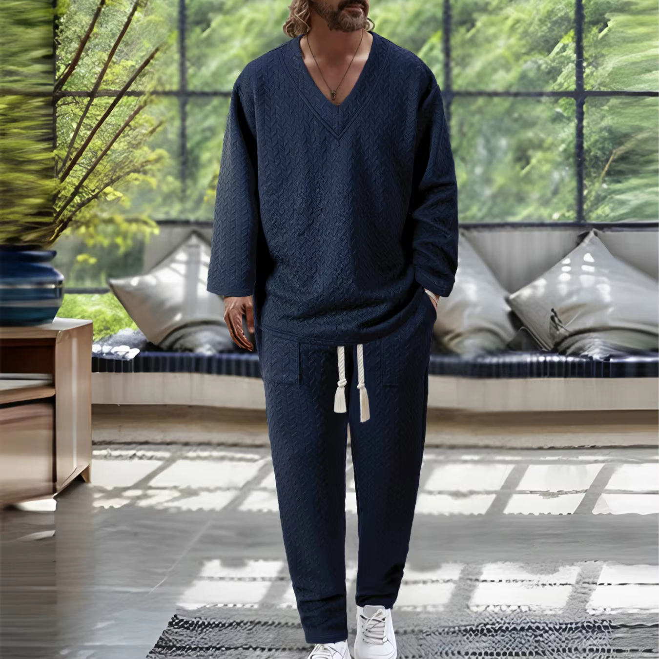 T-shirt pour homme à col en V, tendance, chaud et durable, couleur unie, texture ondulée, manches longues avec poches, tenue décontractée printemps-automne