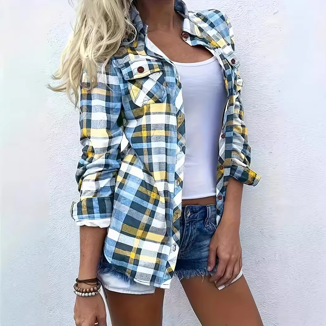 Chemise à carreaux à manches longues pour femmes, nouveau Style, Double poche, motif rayé, mélange de coton et de Polyester, haut boutonné, printemps automne