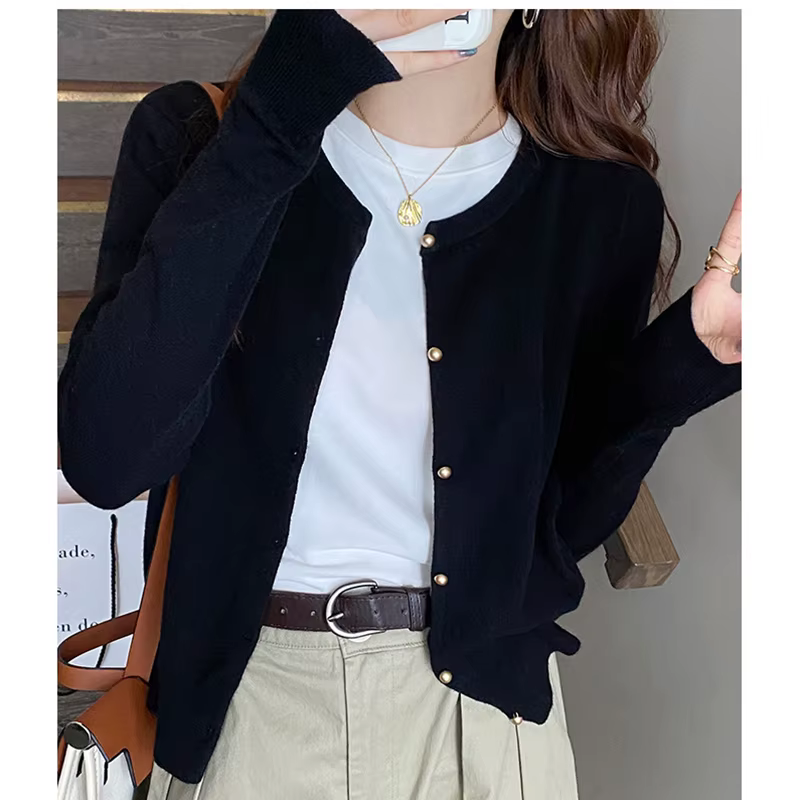 Cardigan tricoté basique à col rond pour femme