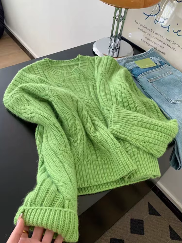 Pulls Verts Doux pour Femmes – Col Rond Tendance, Style Décontracté, Tricot Mignon, Coupe Ample, Style Preppy, Manches Longues, Automne Hiver
