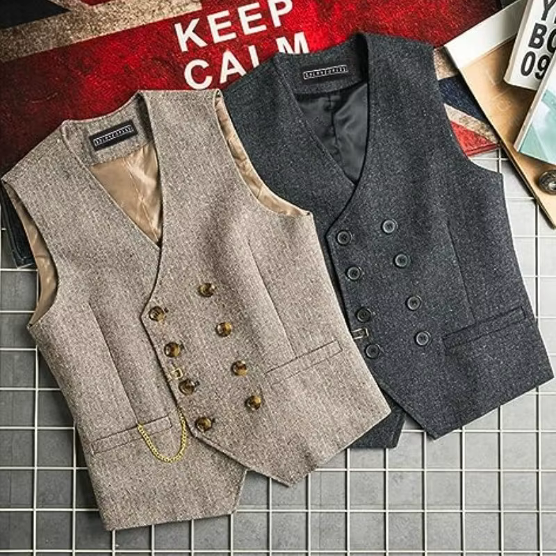 Gilet en mélange à double boutonnage vintage pour hommes, manteau gris imbibé, mariage, banquet GroomTIME