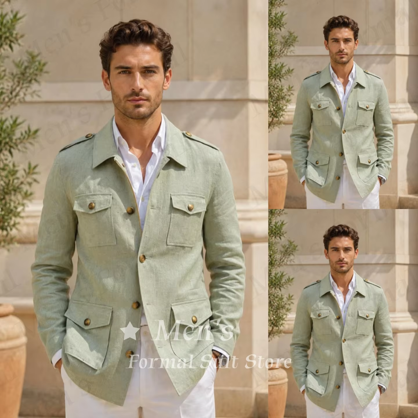 Veste Safari en Lin Vert Sauge pour Homme, Blazer de Chasse Vintage Britannique, Manteau Léger et Respirant pour l'Été, Style Britannique Personnalisé