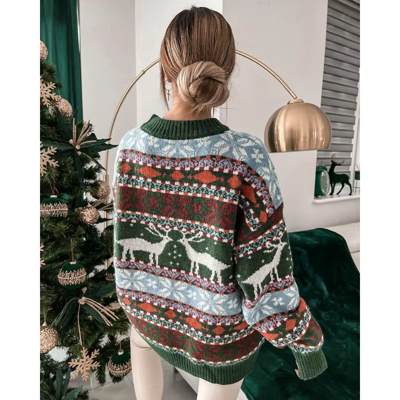 2025 pull tricoté col rond ample thème de noël Jacquard à manches longues