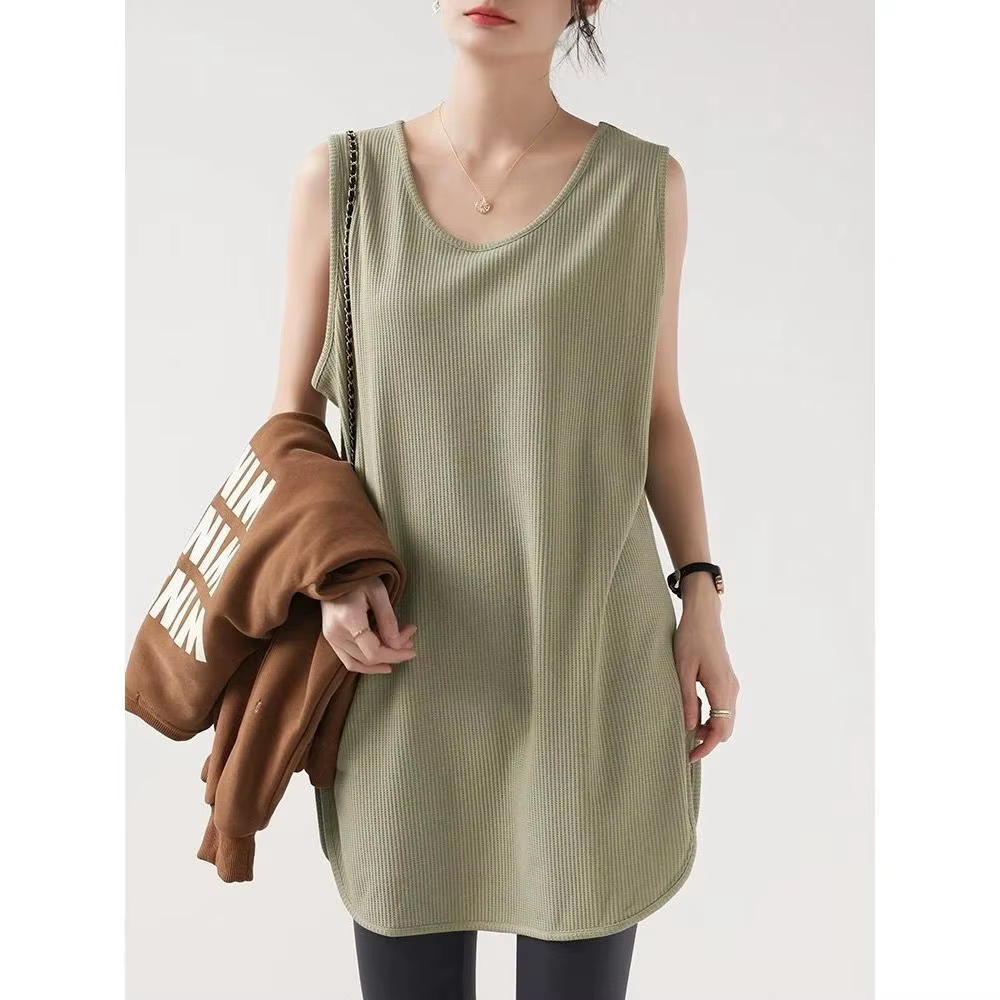 Gilet sans bretelles mi-long ample vert militaire à motif gaufré classique et polyvalent pour femme