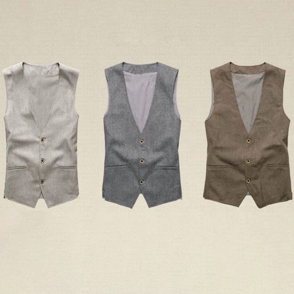Gilet rétro en lin pour hommes d'affaires, coupe fine, col en v à trois boutons, décontracté et formel, Style britannique, été