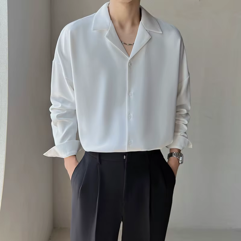 Chemise à Manches sulfpour Homme, Col Cubain Solide, Beau, Décontracté, Sans Fer, observateur, Style Coréen, Ice InjShirt
