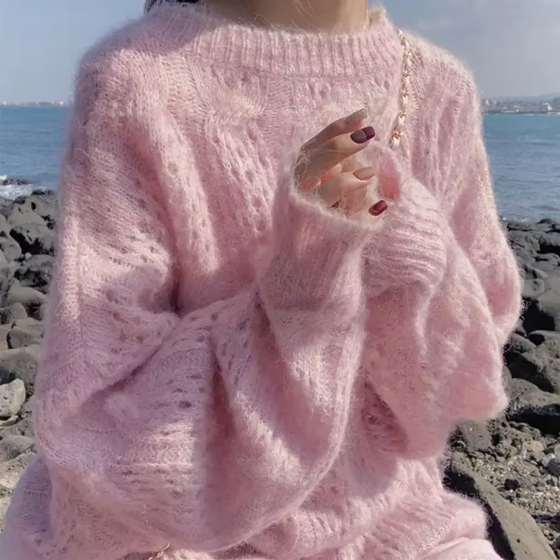 Pull évidé en mohair rose pour femme