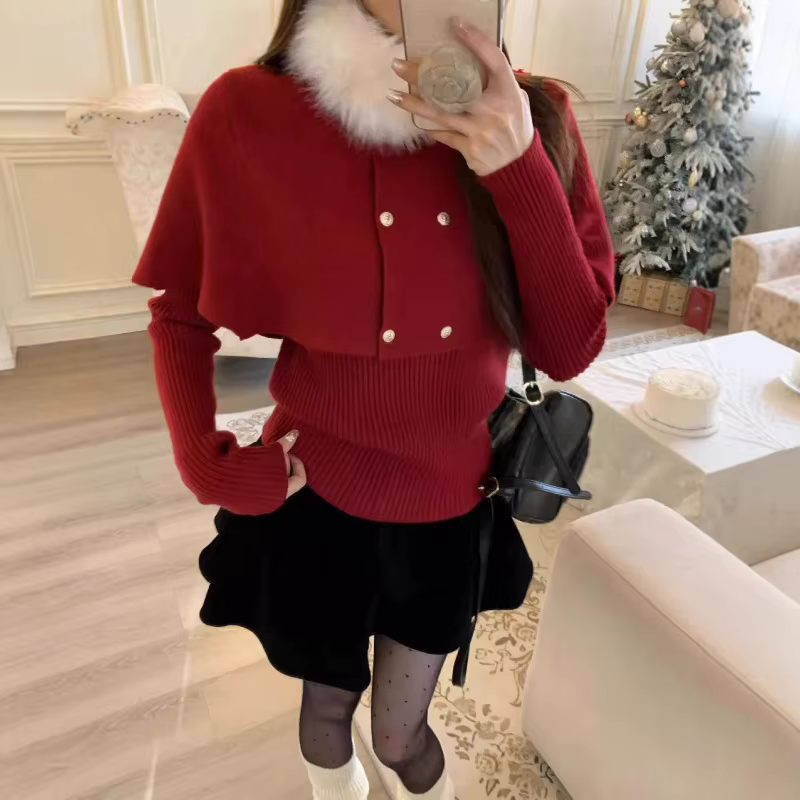 Pull rouge col en fourrure pour femme