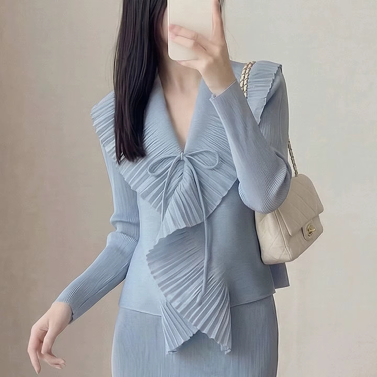Veste plissée Miyake 2026 Nouvelle Collection Manches Longues Cardigan Court Coupe Ample Élégant Haut à Volants avec Nœud Élastique Grande Taille Vêtements Femme