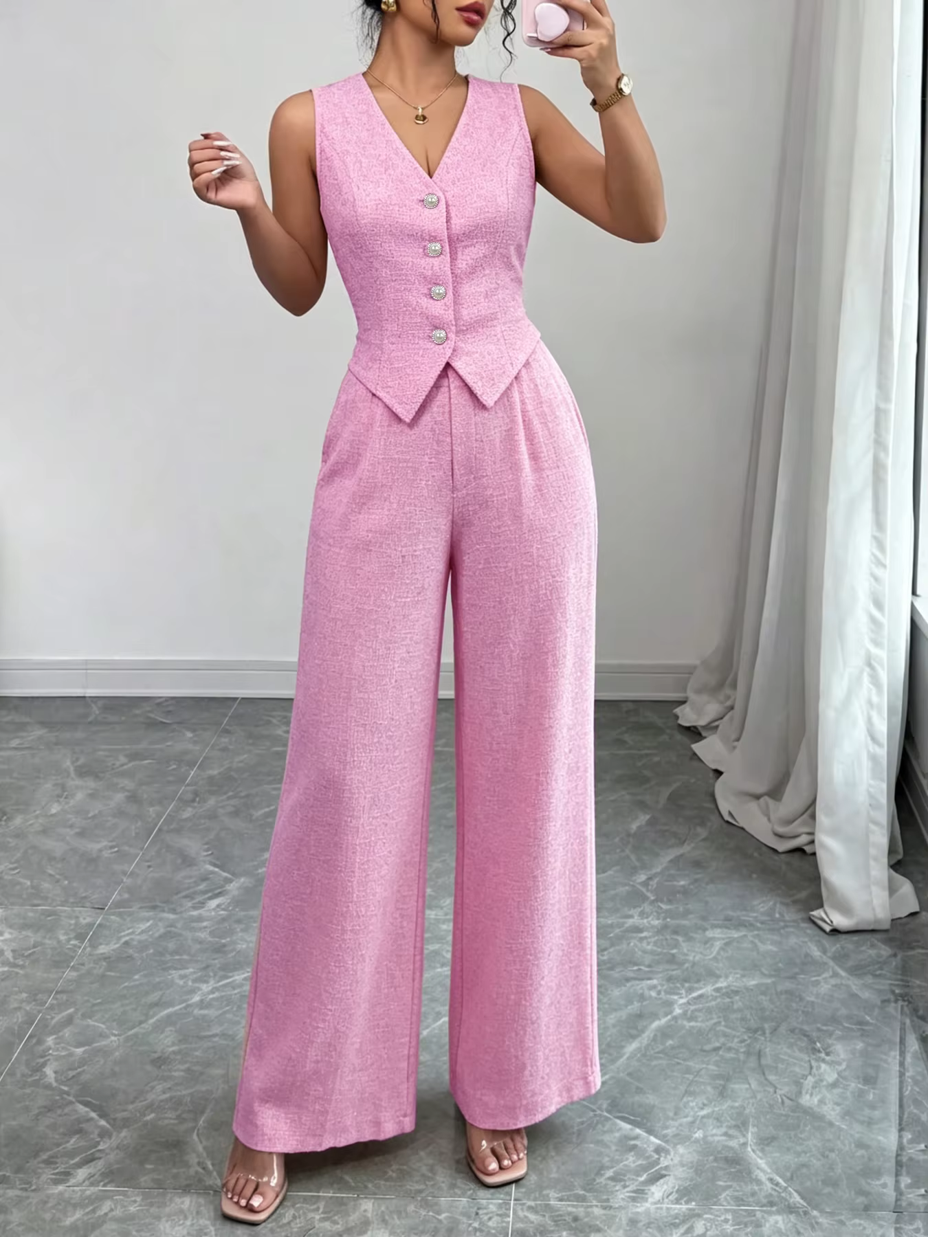 Ensemble chic pour femme : gilet rose sans manches à col en V boutonné et pantalon large taille haute en tweed – Idéal