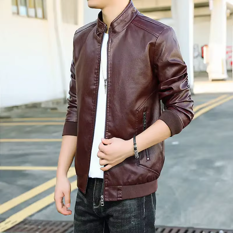 Veste ample décontractée à la mode pour hommes avec velours épaissi hiver avec col montant en cuir PU