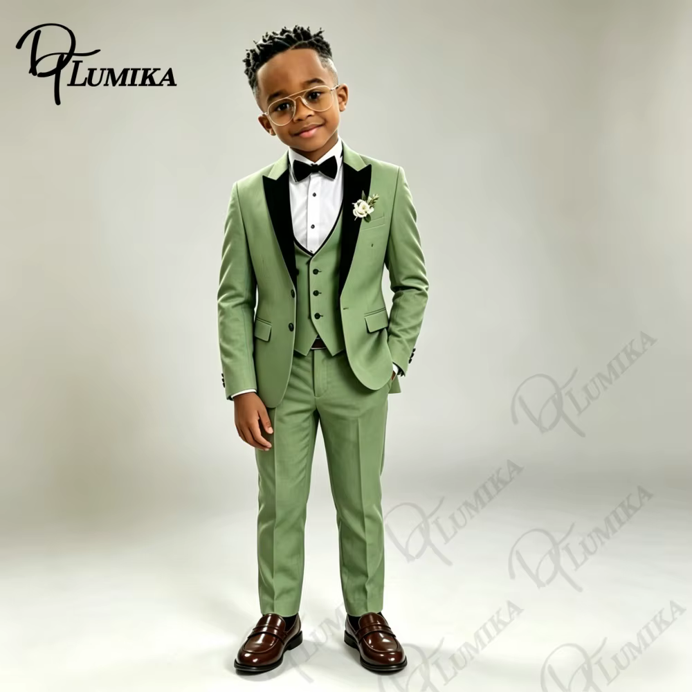 Ensemble costume vert pour garçons : veste, gilet, pantalon avec nœud papillon, blazer à revers pointus, smoking formel pour enfants pour mariage, fête, spectacle