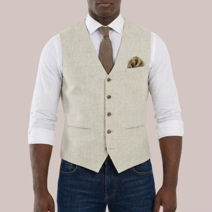 Gilet en lin pour homme, col en V, beige, simple boutonnage, pour occasions décontractées, fêtes, été, plage, nouvelle collection