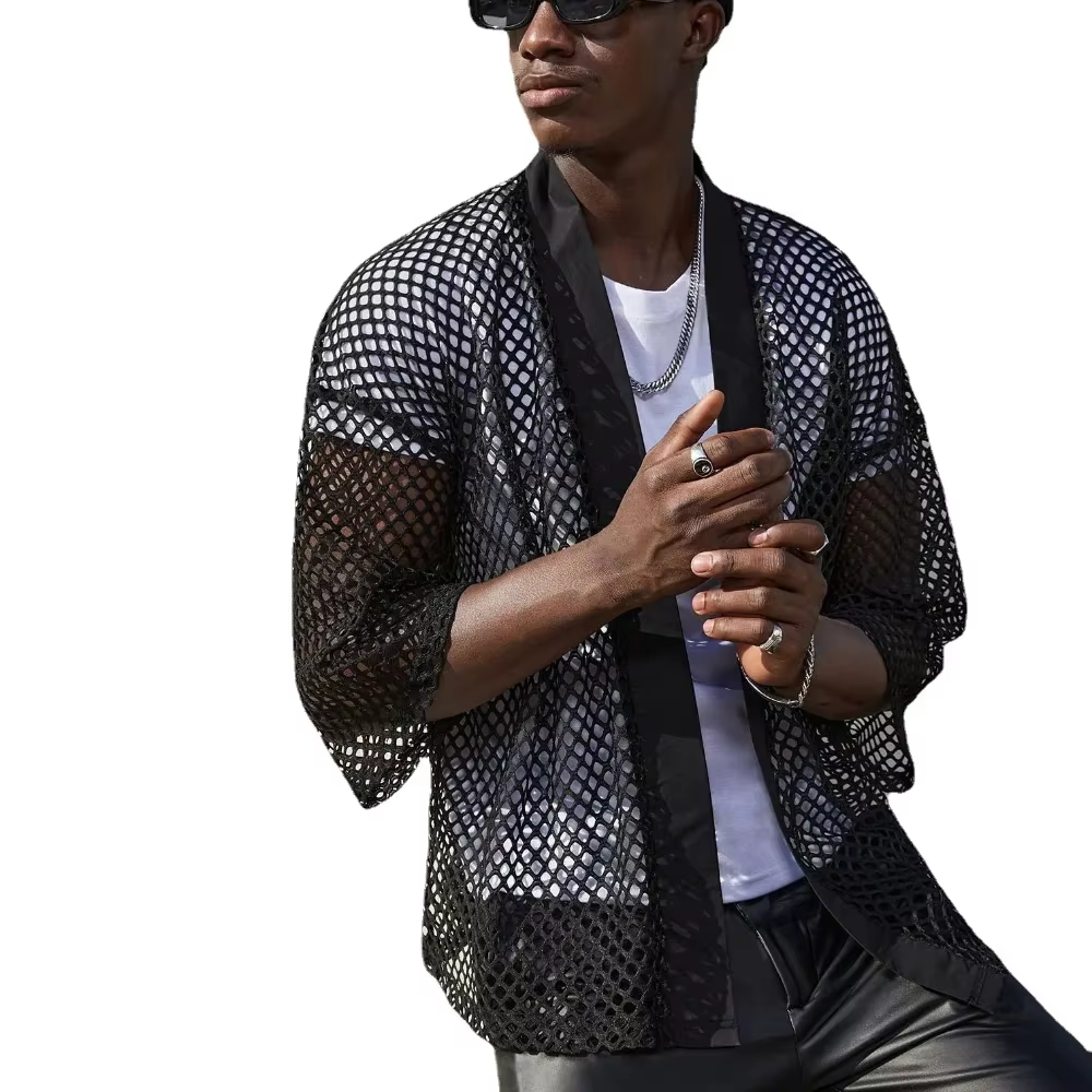 Hommes hauts en maille évider T-shirt masculin Cardigan châle Streetwear hommes mode Performance porter chemise haute Chemise Homme