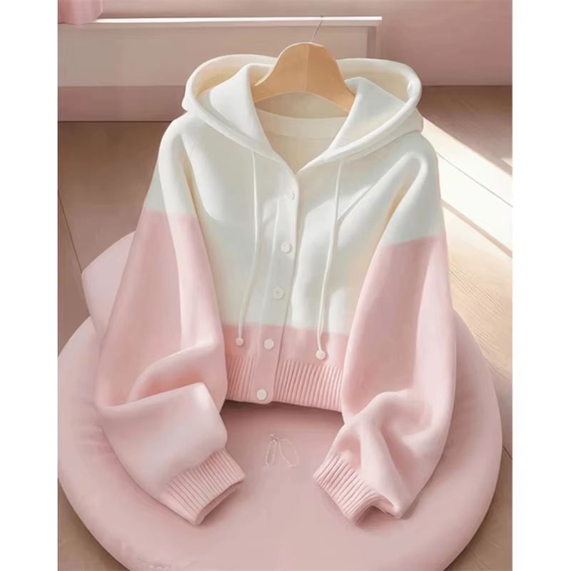 Cardigan tricoté à capuche épissé rose et blanc pour femme