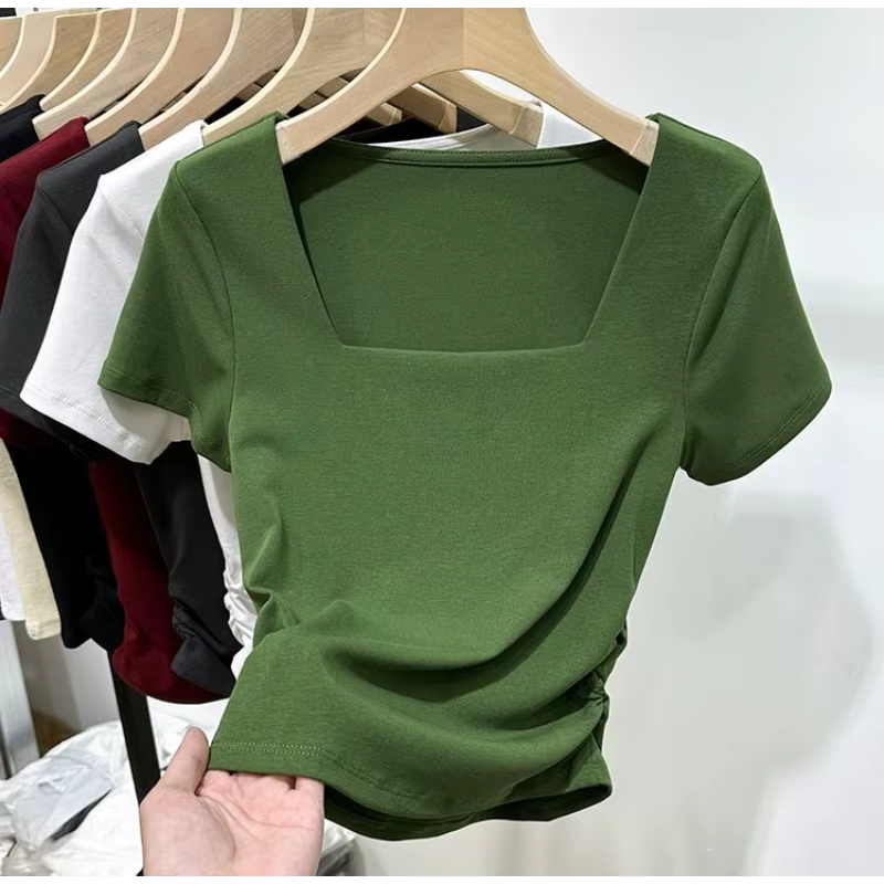 T-shirt à manches courtes et col carré pour femmes, nouveau haut d'été Slim Chic à belle taille