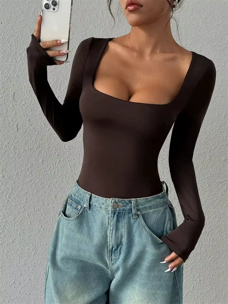 Body basique à manches longues et col carré pour femme, chemisier, Sexy, Slim, couleur unie, Streetwear, Y2K, automne hiver
