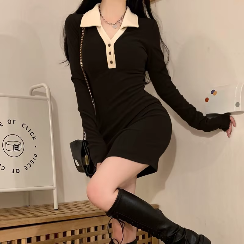 Robe marron française tricotée à col Polo pour femmes