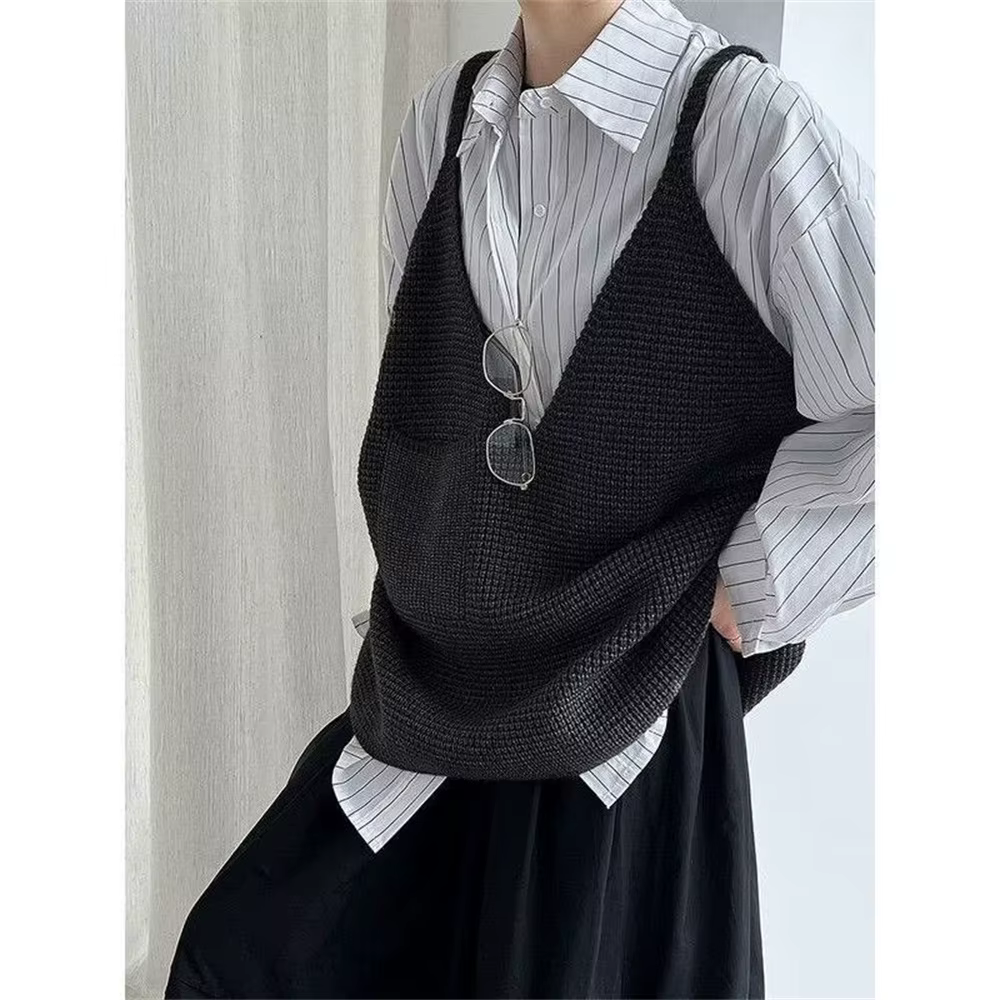 Femmes noir gris surdimensionné décontracté tricot gilet nouveau col en V sans manches pull mode printemps automne