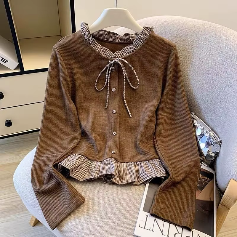 Chemisier décontracté pour femme à col à volants et motif écossais, en maille, à manches longues, avec empiècements, coupe ajustée, pour l'automne et l'hiver