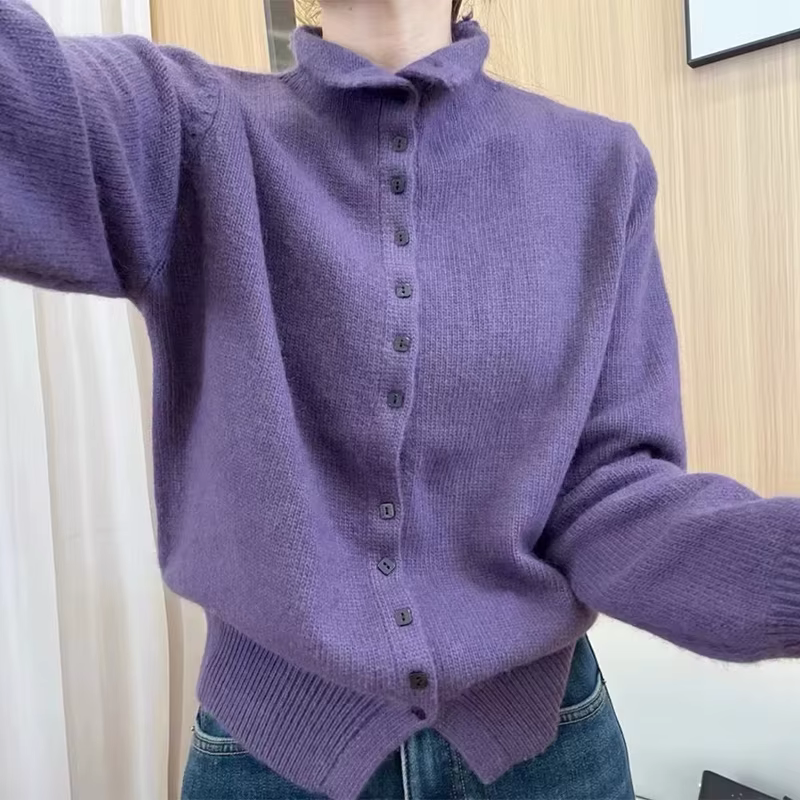 Cardigan boutonné élégant pour femmes, pull tricoté doux, mode coréenne, col roulé, automne hiver