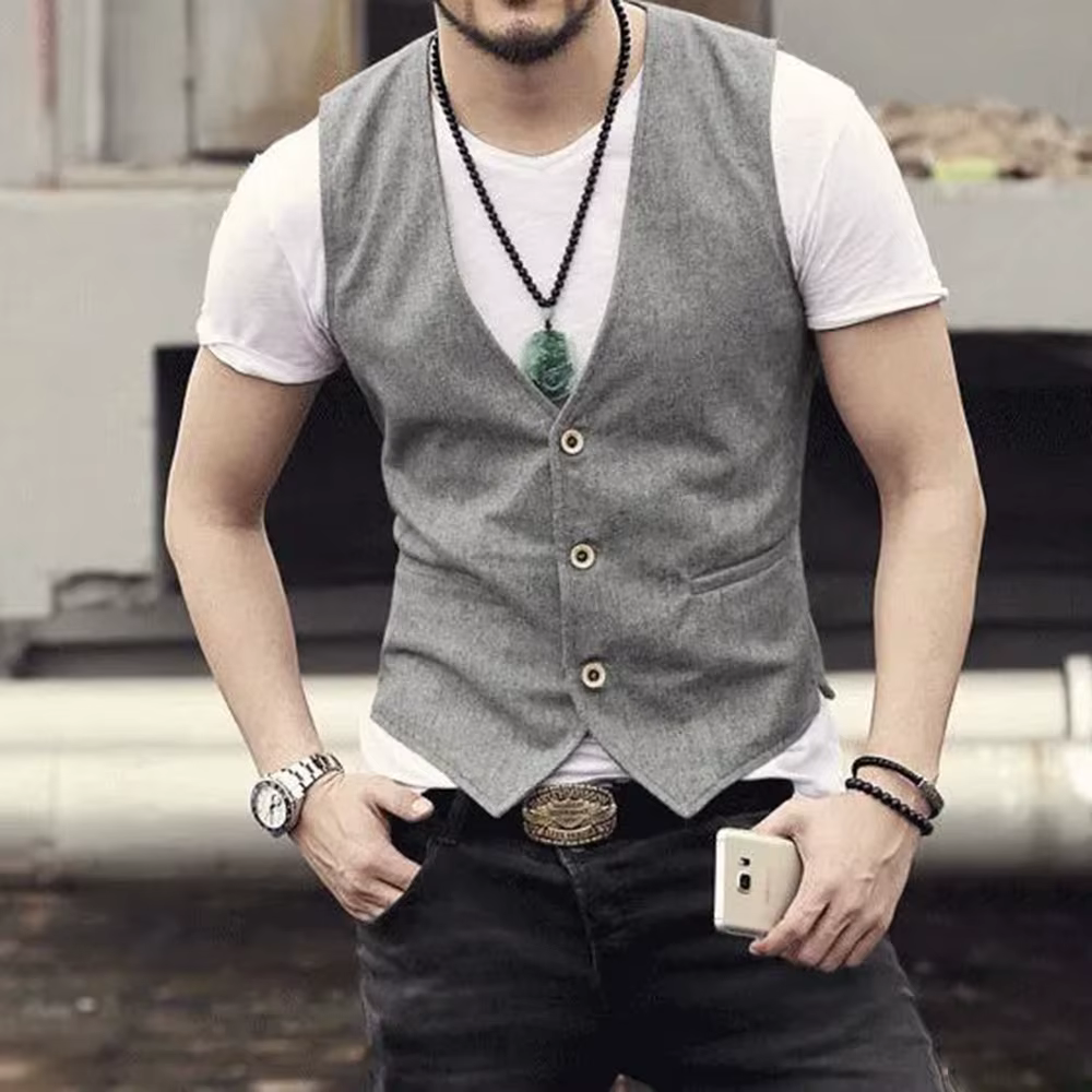 Gilet rétro en lin pour hommes d'affaires, coupe fine, col en v à trois boutons, décontracté et formel, Style britannique, été