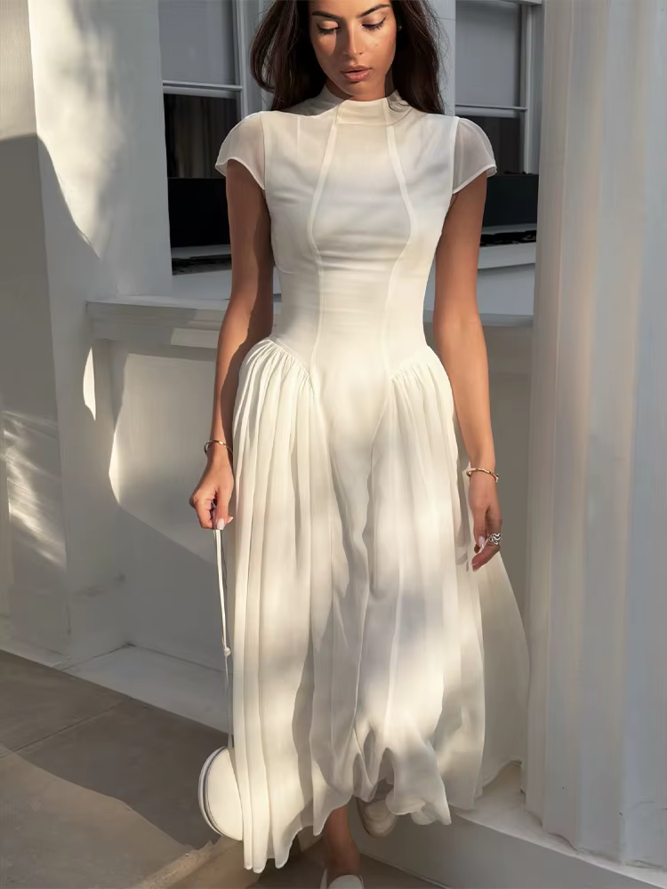 Robe longue moulante à col semi-montant pour femme, couleur unie, manches courtes, taille cintrée, coupe trapèze, élégante, nouvelle collection