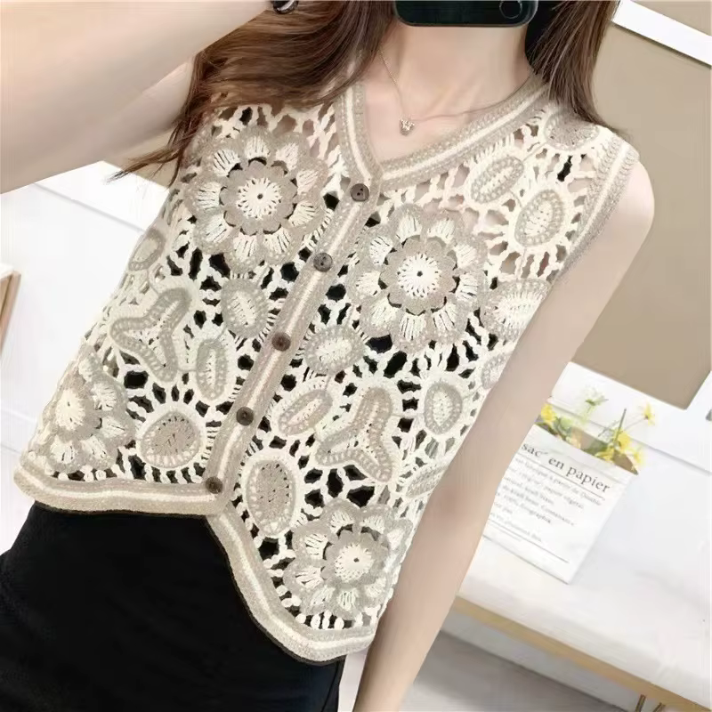 Gilet sans manches en tricot ajouré pour femme