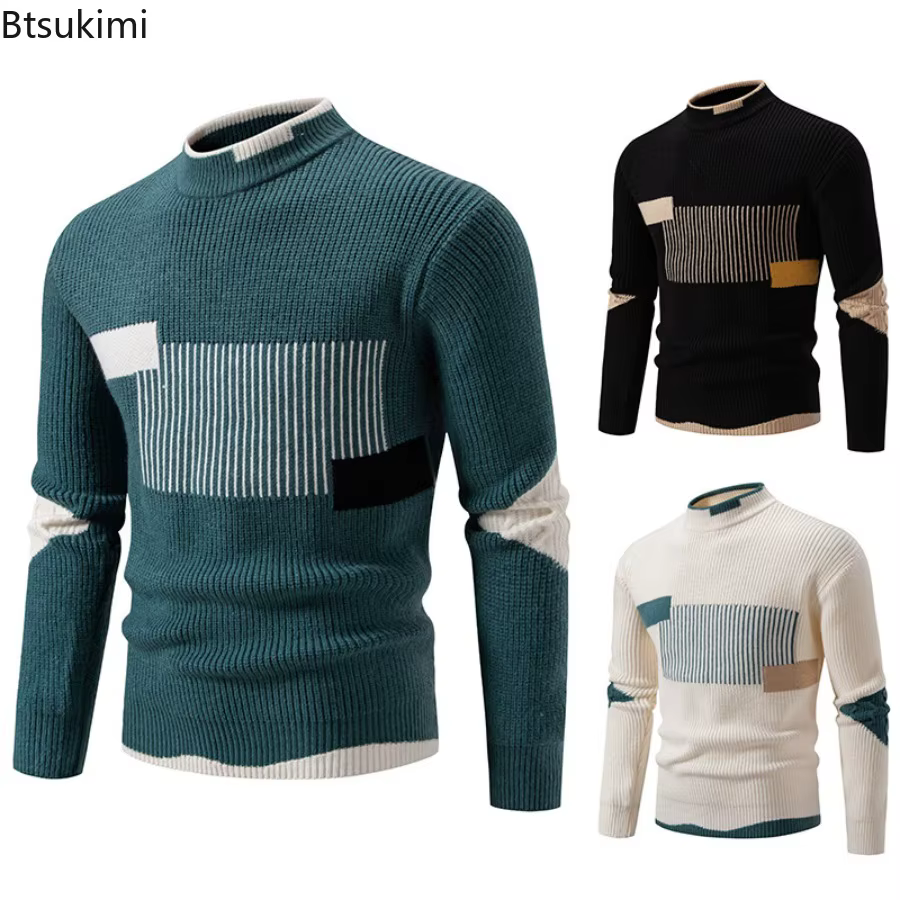 Pull tricoté pour hommes, bloc de couleurs, mode automne/hiver 2026, pull de rue, manteaux amples et chauds pour l'extérieur
