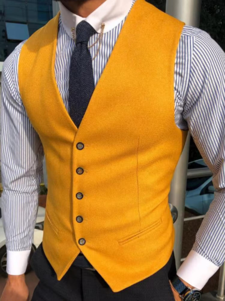 Hommes gilet jaune solide col en V simple bouton gilet pour fête de mariage Banquet affaires décontracté quotidien bureau travail hommes costume gilet