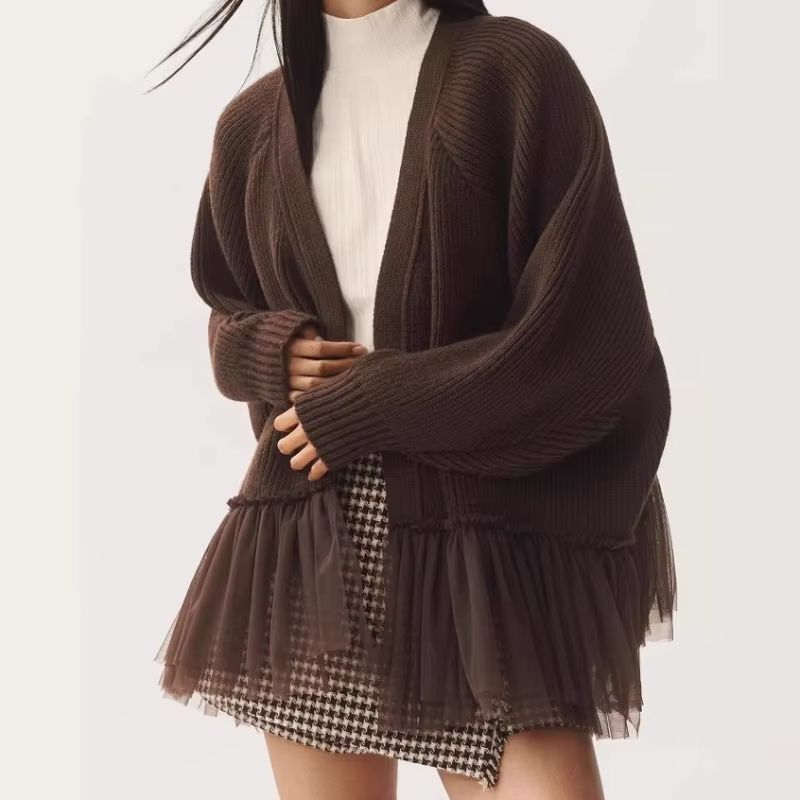 Pull tricoté en maille à volants d'automne en 2025 Cardigan à manches longues doux et frais pour femmes