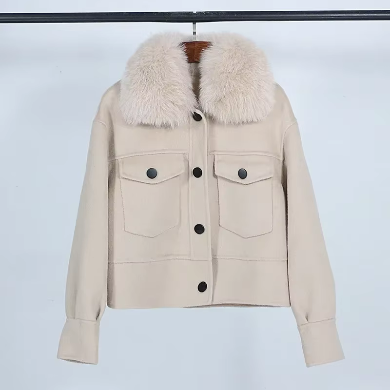 Manteau court décontracté pour femme avec col en fourrure de renard
